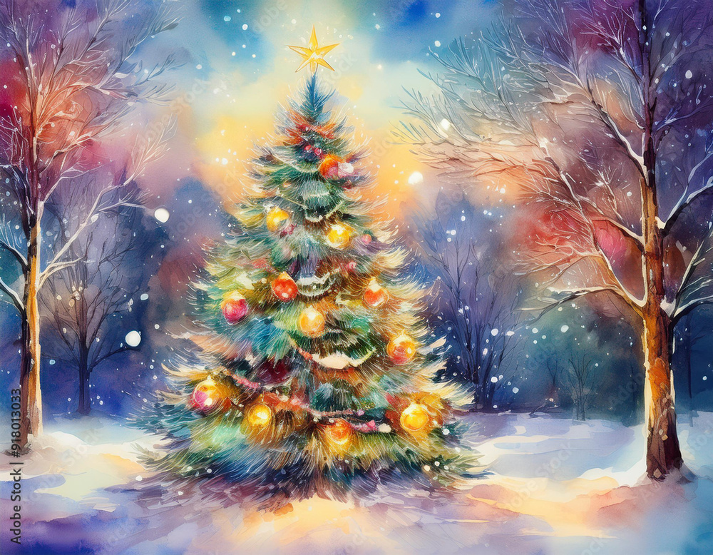 Outdoor Christmas Tree Covered in Snow with Warm Glowing Lights Winter Wonderland Scene Outdoor Christmas Tree Covered in Snow with Warm Glowing Lights Winter Wonderland Scene