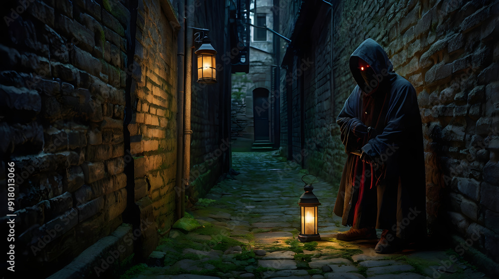 Illustration of a Mysterious Rogue in a Dark Hooded Cloak with Glowing Red Eyes, Hiding in a Shadowy Alleyway Illustration of a Mysterious Rogue in a Dark Hooded Cloak with Glowing Red Eyes, Hiding in a Shadowy Alleyway