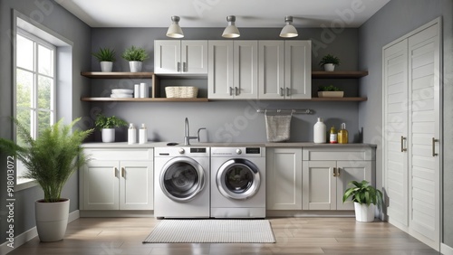 Modern laundry room background with clean lines, white cabinets, and sleek appliances against a soft gray wall, perfect for e-commerce product displays.