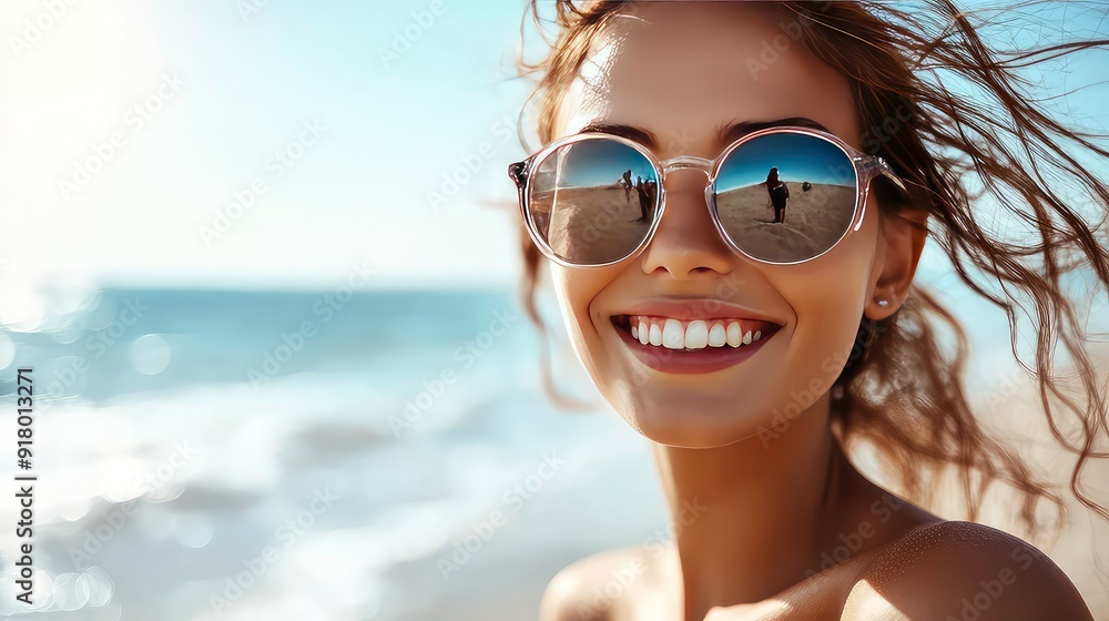 A young woman with long brown hair is wearing sunglasses and smiling at the camera. The sunglasses reflect the beach and other people. Her hair is blowing in the wind. A young woman with long brown hair is wearing sunglasses and smiling at the camera. The sunglasses reflect the beach and other people. Her hair is blowing in the wind.