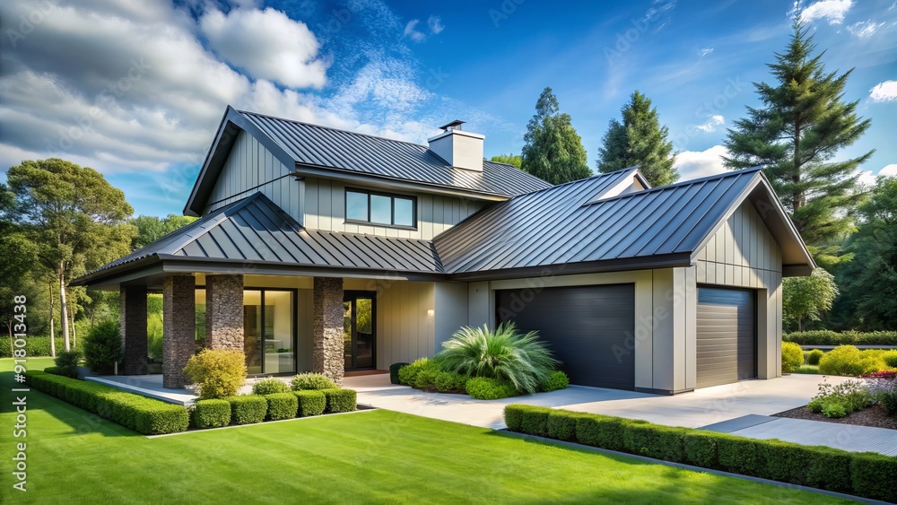 Modern residential house with sleek gray metal roof, standing seam design, and sleek lines, surrounded by lush greenery and a blue sky background. Modern residential house with sleek gray metal roof, standing seam design, and sleek lines, surrounded by lush greenery and a blue sky background.