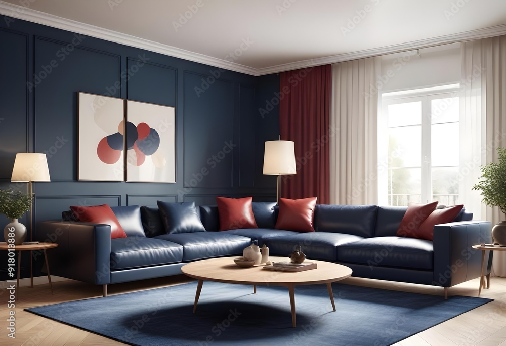 A living room with a blue wall and a painting of a bird on the wall Photo modern style interior room 3d illustration A living room with a blue wall and a painting of a bird on the wall Photo modern style interior room 3d illustration