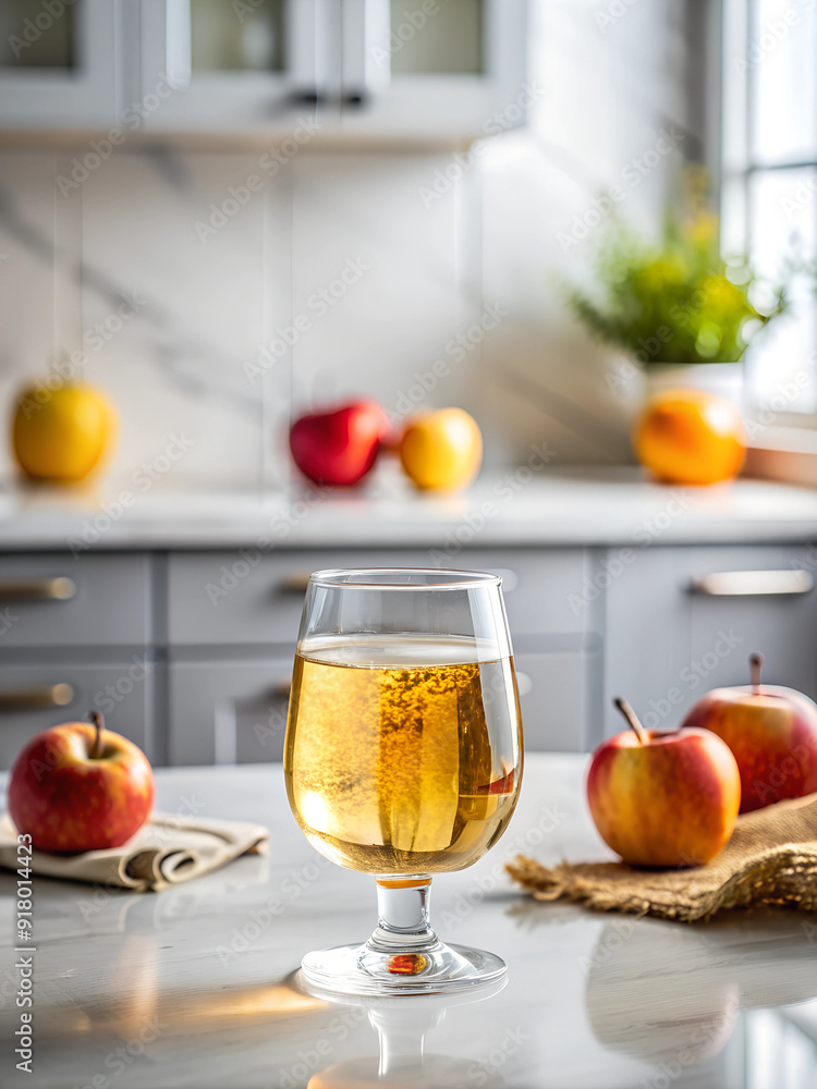 Glass of apple cider in a bright kitchen setting with fresh apples Glass of apple cider in a bright kitchen setting with fresh apples