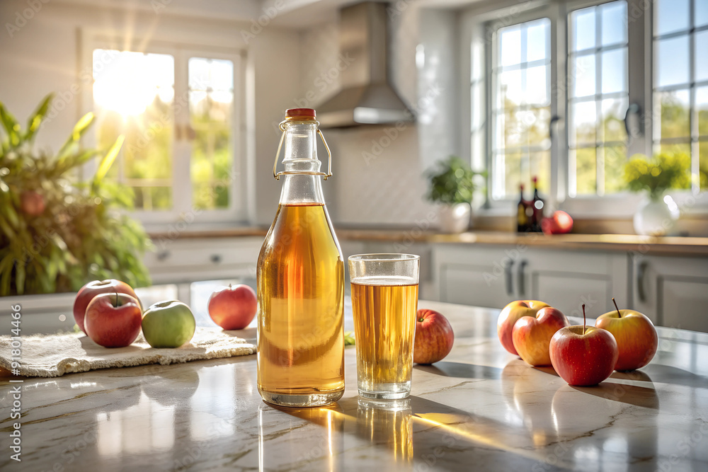 Glass of apple cider in a bright kitchen setting with fresh apples Glass of apple cider in a bright kitchen setting with fresh apples