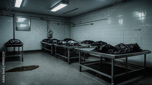 Dimly lit morgue with six morgue tables, each with a black body bag, clinical lighting above.