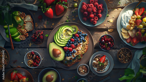 Wallpaper Mural healthy food table top view featuring avocado toast, fresh fruits like strawberries and blueberries, bowls of yogurt with granola and nuts, directly above view, all arranged on a rustic wooden table. Torontodigital.ca