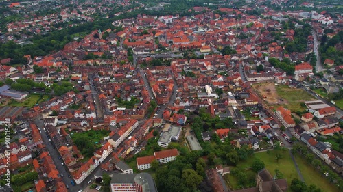 An Aerial panorama view around the old town of the city Helmstedt on an early summer day in Germany.	 photo