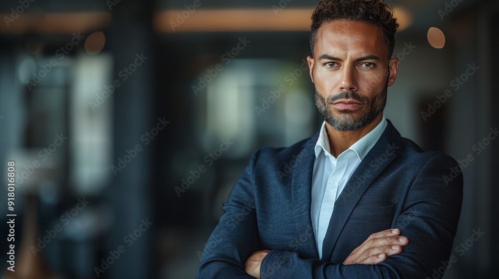 Confident businessman in a tailored suit stands with arms crossed in a modern office setting during the day Confident businessman in a tailored suit stands with arms crossed in a modern office setting during the day