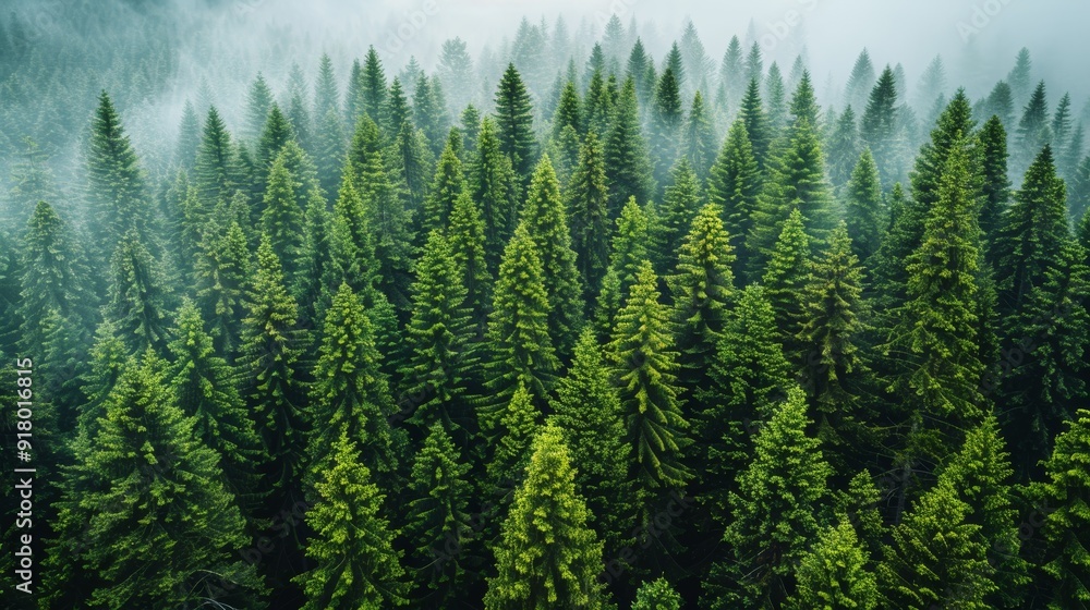 Lush evergreen forest shrouded in mist at dawn, showcasing layers of towering trees and a serene atmosphere Lush evergreen forest shrouded in mist at dawn, showcasing layers of towering trees and a serene atmosphere