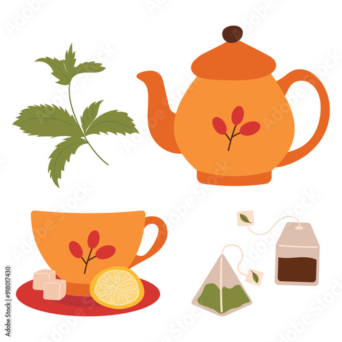 Teapot, cup, tea bags. Vector illustration of cup on saucer with sugar cubes and lemon slice, mint leaf, tea party concept.