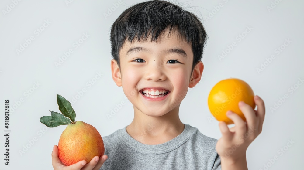 Asian Boy Holding Fruit and a Folk Instrument, Perfect for Music or Healthy Eating Concepts Generative AI Asian Boy Holding Fruit and a Folk Instrument, Perfect for Music or Healthy Eating Concepts Generative AI