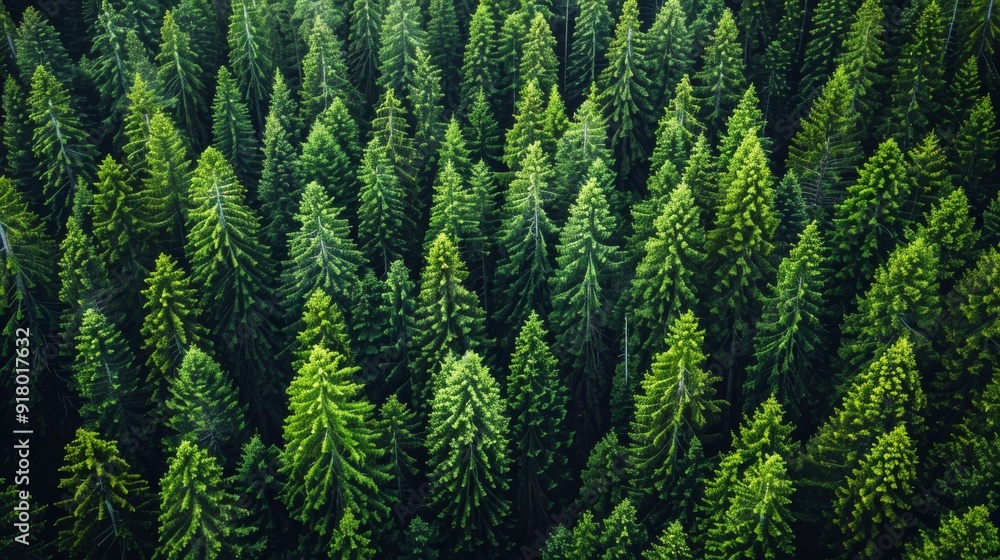 Dense evergreen forest viewed from above in the early morning light Dense evergreen forest viewed from above in the early morning light