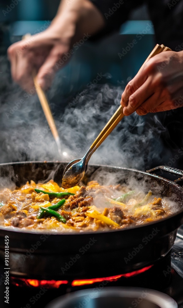 Close-up of a person's hands holding a hot pot spoon and chopsticks, low angle view from below, dynamic composition Generative AI Close-up of a person's hands holding a hot pot spoon and chopsticks, low angle view from below, dynamic composition Generative AI