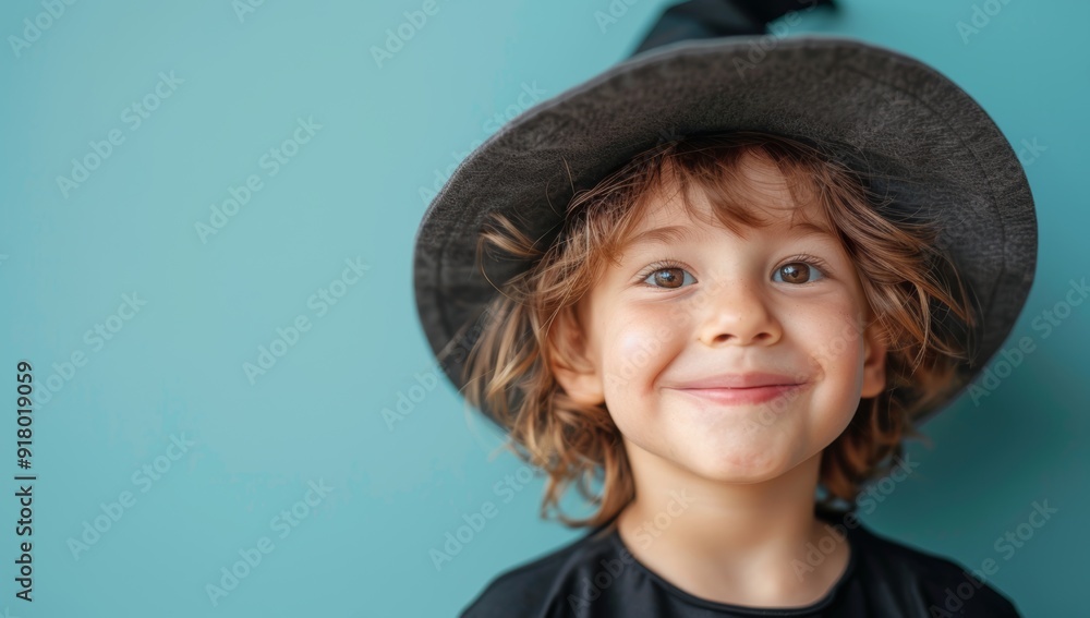 A cheerful young boy with tousled hair wears a witch hat and smiles against a blue background, embodying playfulness and charm. Halloween background. A cheerful young boy with tousled hair wears a witch hat and smiles against a blue background, embodying playfulness and charm. Halloween background.