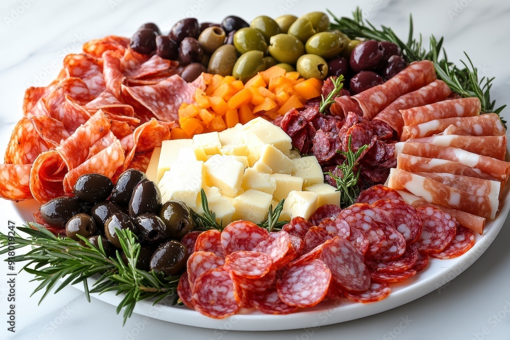 Platter of artfully arranged cured meats cheeses and olives Platter of artfully arranged cured meats cheeses and olives