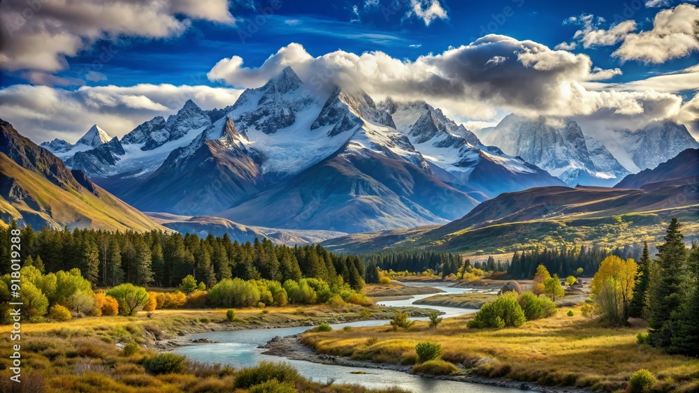 Serene snow-capped mountain range stretches into the distance, surrounded by a vast expanse of untouched wilderness and a pale blue sky with scattered clouds. Serene snow-capped mountain range stretches into the distance, surrounded by a vast expanse of untouched wilderness and a pale blue sky with scattered clouds.