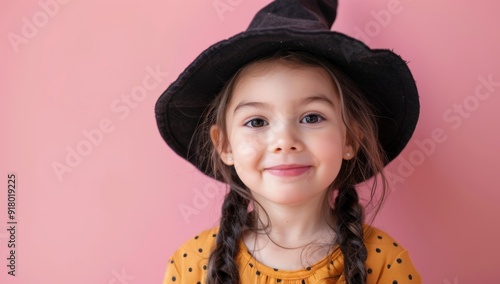 A young girl with black braided hair and a witch hat smiles in an orange dress, standing against a pink backdrop, exuding joy. Halloween background.