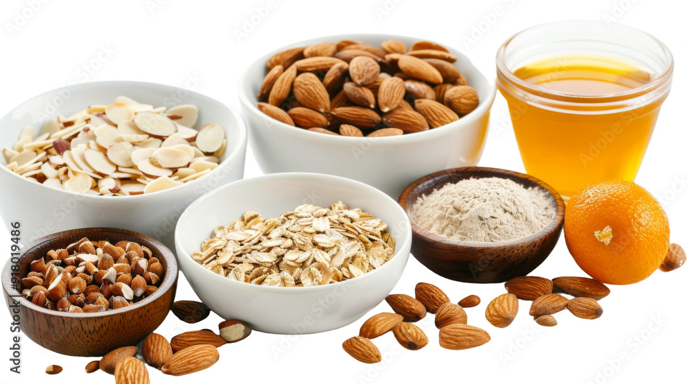 Healthy Breakfast Bowl with Almonds, Oatmeal, Honey and Orange , isolated over a transparent background Healthy Breakfast Bowl with Almonds, Oatmeal, Honey and Orange , isolated over a transparent background