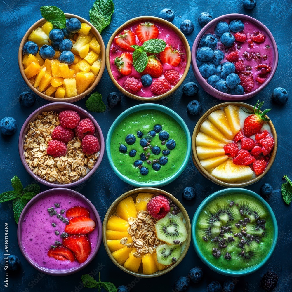 Colorful fruit smoothie bowls arranged in a rainbow Colorful fruit smoothie bowls arranged in a rainbow
