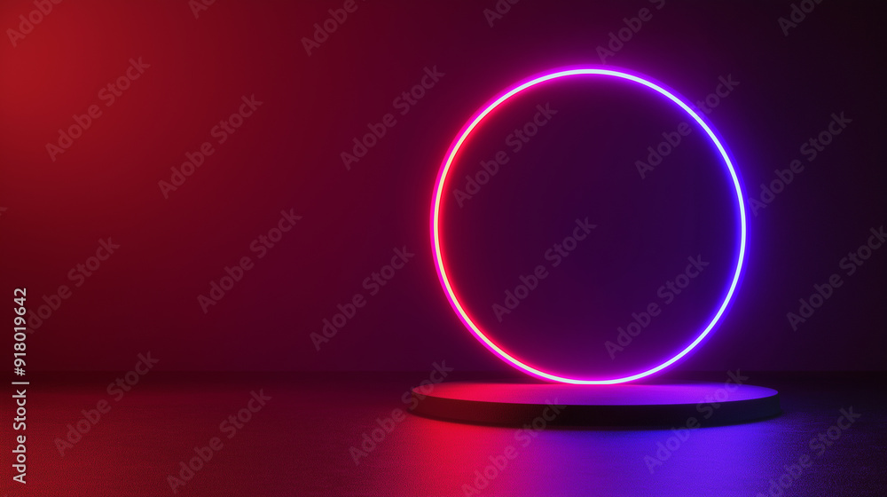 3d podium with magic circle neon circle with neon hologram effect. Futuristic technology design. For advertising. Empty product stage. Podium or stand. Background for product presentation. 3d podium with magic circle neon circle with neon hologram effect. Futuristic technology design. For advertising. Empty product stage. Podium or stand. Background for product presentation.