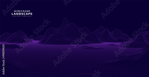Wireframe landscape. Futuristic 3d mesh background. Digital hills technology. Vector illustration.