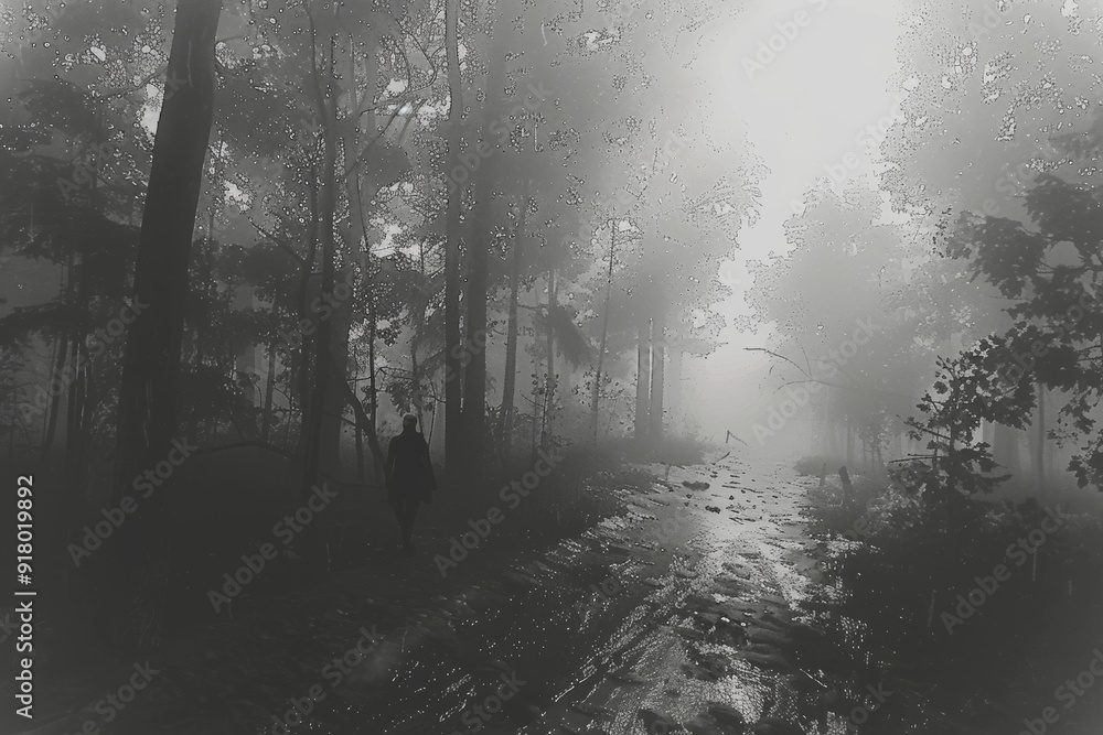 Naklejka premium Mysterious Figure Walking Along Foggy Trail in Dense Forest During Early Morning Hours