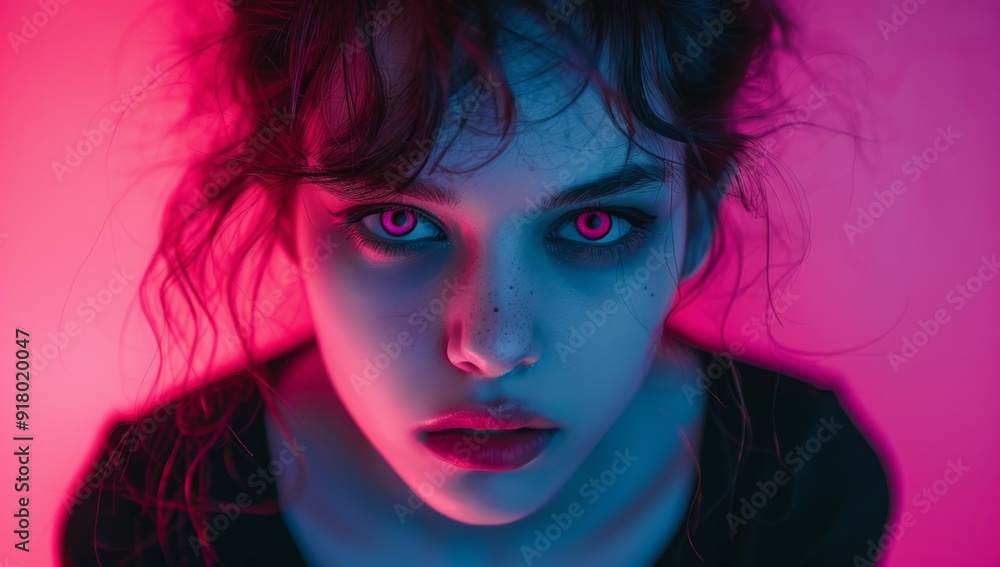 A young woman with glowing eyes and an intense expression is captured in a vibrant, neon-lit setting, exuding mystery and allure. A young woman with glowing eyes and an intense expression is captured in a vibrant, neon-lit setting, exuding mystery and allure.