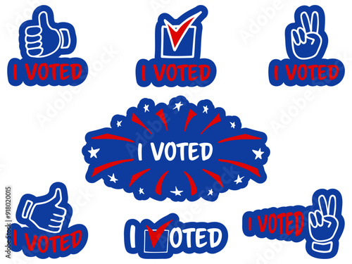 I voted. Set of Voting stickers or labels in different shapes. Vote icon, sticker, badge or sign collection. Election Vote concept. Hand drawing doodle isolated on transparent background