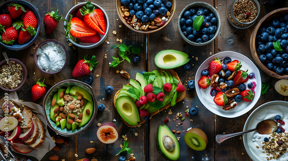 healthy food table top view featuring avocado toast, fresh fruits like strawberries and blueberries, bowls of yogurt with granola and nuts, directly above view, all arranged on a rustic wooden table. healthy food table top view featuring avocado toast, fresh fruits like strawberries and blueberries, bowls of yogurt with granola and nuts, directly above view, all arranged on a rustic wooden table.