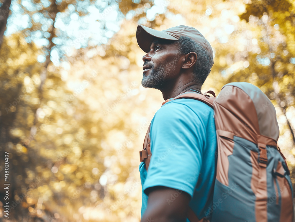 Obraz premium Senior man hiking in a sunlit forest, looking contemplative and inspired, surrounded by autumn foliage. Captures the essence of outdoor adventure and peaceful reflection. AI