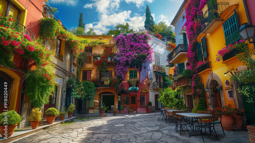 Fototapeta premium A public plaza surrounded by buildings with facades entirely covered in colorful flowering plants