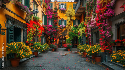 A public plaza surrounded by buildings with facades entirely covered in colorful flowering plants