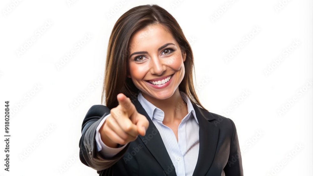 Smiling female office worker in a professional attire pointing her finger at the camera with a friendly and approachable expression, isolated on a white background. Smiling female office worker in a professional attire pointing her finger at the camera with a friendly and approachable expression, isolated on a white background.