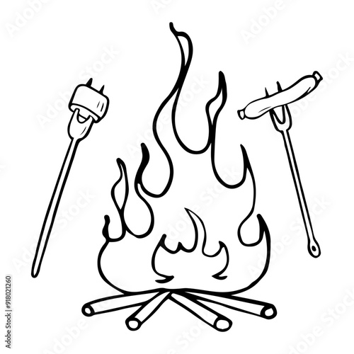 Marshmallows and sausages roasted on fire are hand drawn in doodle style. Picnic in nature. Wood fire in the camp. Camping holiday. Vector line art illustration.
