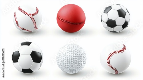 A realistic 3D illustration of sports equipment, featuring balls for football, soccer, baseball, golf, and tennis. This vector set showcases professional sports balls isolated on a white background.