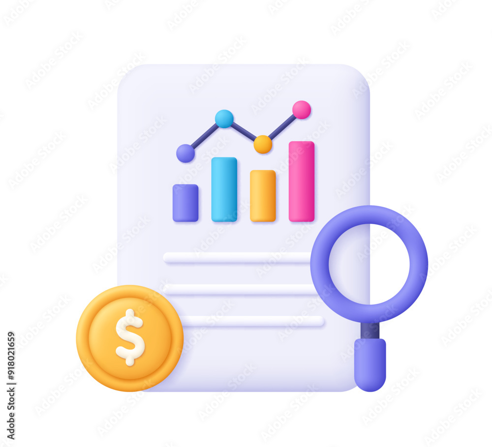 Document file with graph chart, coin and magnifying glass. Business finance report and data analysis, financial audit, investment portfolio concept. 3d vector icon. Cartoon minimal style. Document file with graph chart, coin and magnifying glass. Business finance report and data analysis, financial audit, investment portfolio concept. 3d vector icon. Cartoon minimal style.