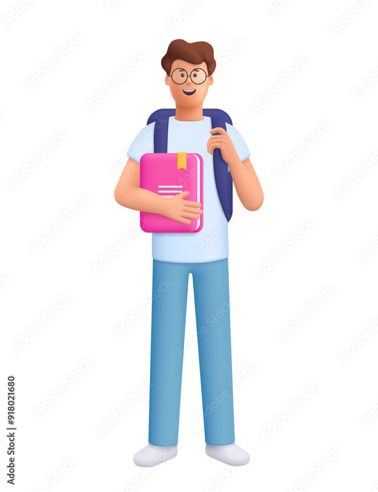 Student with backpack holding book. Study, education, back to school, knowledge concept. 3d vector people character illustration.Cartoon minimal style. Student with backpack holding book. Study, education, back to school, knowledge concept. 3d vector people character illustration.Cartoon minimal style.