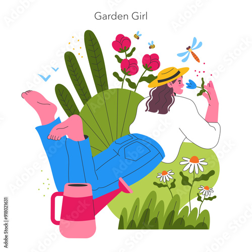 Garden Girl. Flat Vector Illustration