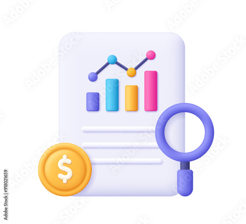Document file with graph chart, coin and magnifying glass. Business finance report and data analysis, financial audit, investment portfolio concept. 3d vector icon. Cartoon minimal style.