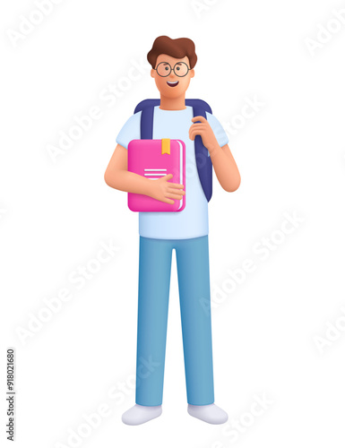 Student with backpack holding book. Study, education, back to school, knowledge concept. 3d vector people character illustration.Cartoon minimal style.