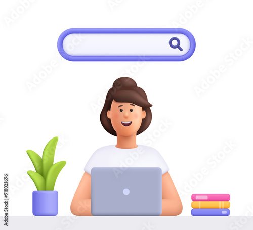 Woman searching browsing internet with search bar at a laptop. Online search, seo, online surfing concept. 3d vector people character illustration. Cartoon minimal style.