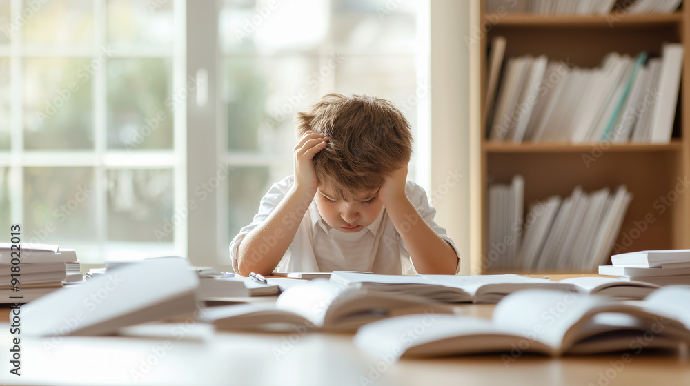 A stressed young pupil sitting at a desk in his room, showing exhaustion and frustration. The preschool boy is surrounded by open paper notebooks, highlighting the pressure of stud A stressed young pupil sitting at a desk in his room, showing exhaustion and frustration. The preschool boy is surrounded by open paper notebooks, highlighting the pressure of stud