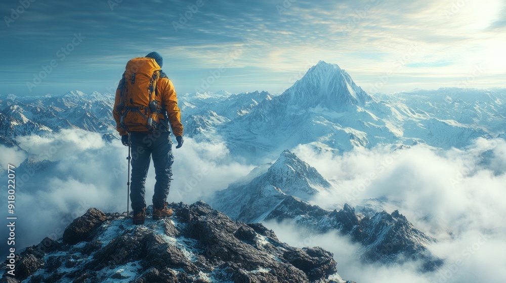 A man in a yellow jacket stands on a mountain top A man in a yellow jacket stands on a mountain top