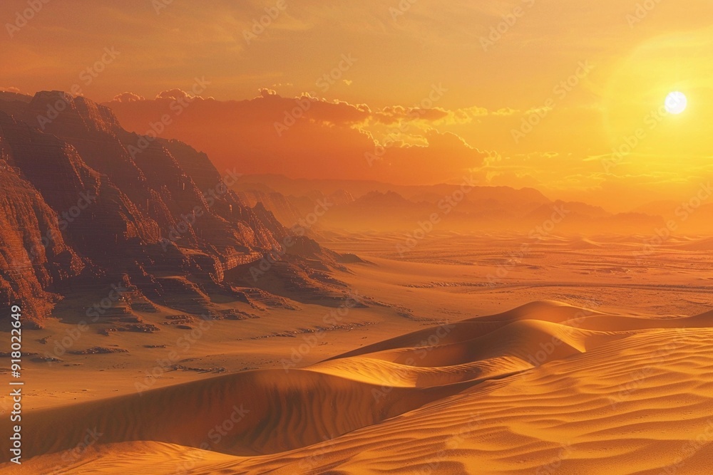 Fototapeta premium Sunset Over Sand Dunes And Mountains In A Desert Landscape