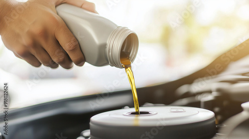 A closeup of a man’s hand pouring oil from a canister into a car engine, highlighting essential vehicle maintenance and the importance of regular oil changes. The image captures th