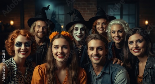 Selfie of group of people of different ages looking into camera, people make funny faces, people dressed in halloween costumes and make-up, halloween concept image