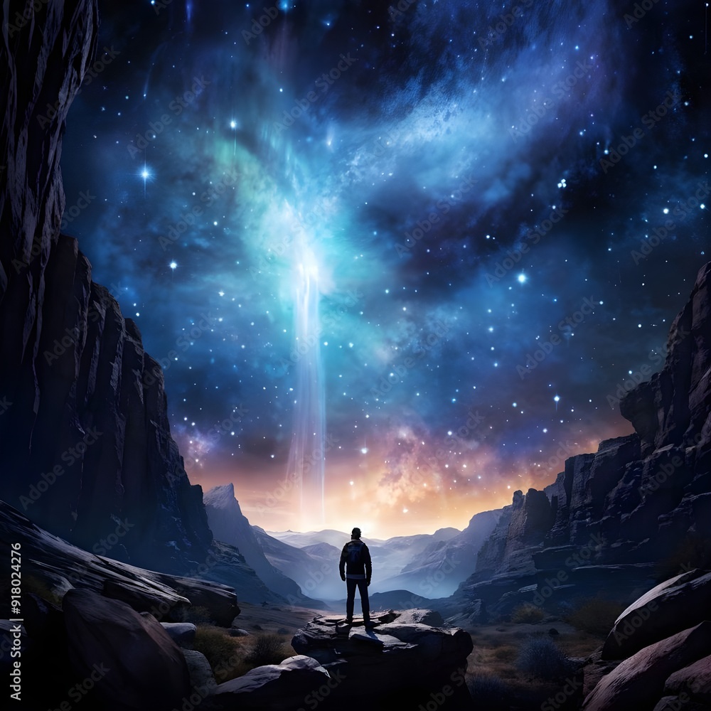 Light-leaking galaxy with an aurora and a man exploring the night. Light-leaking galaxy with an aurora and a man exploring the night.