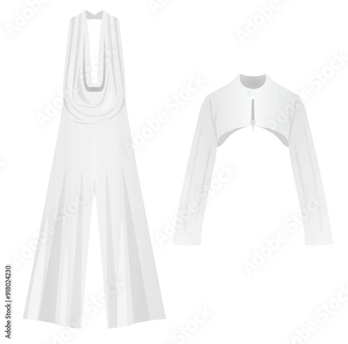 White sleeveless jumpsuit and bolero. vector illustration