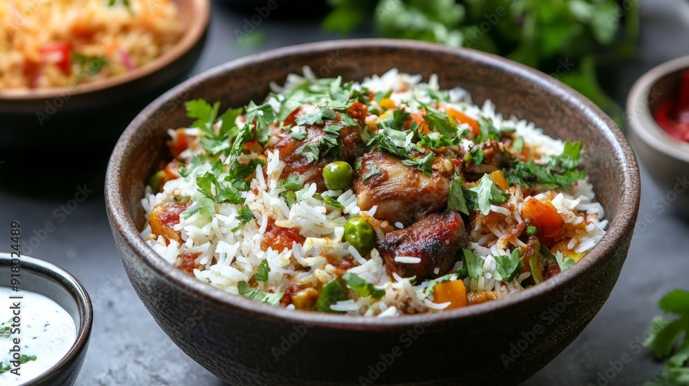 A detailed overhead view of a bowl of biryani with fragrant rice, mixed vegetables, and pieces of chicken or lamb, garnished with fresh herbs and served with raita. A detailed overhead view of a bowl of biryani with fragrant rice, mixed vegetables, and pieces of chicken or lamb, garnished with fresh herbs and served with raita.