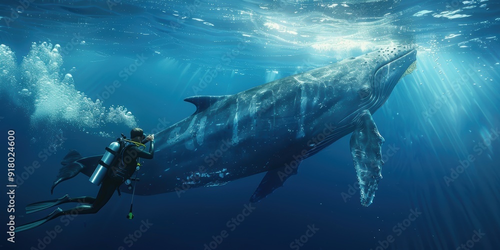 Fototapeta premium Diver Encountering a Humpback Whale